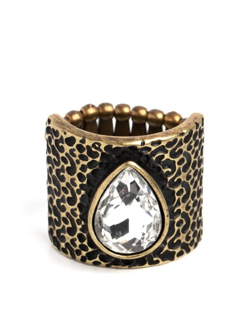 Hammered Brass Statement Ring with Teardrop Clear Stone